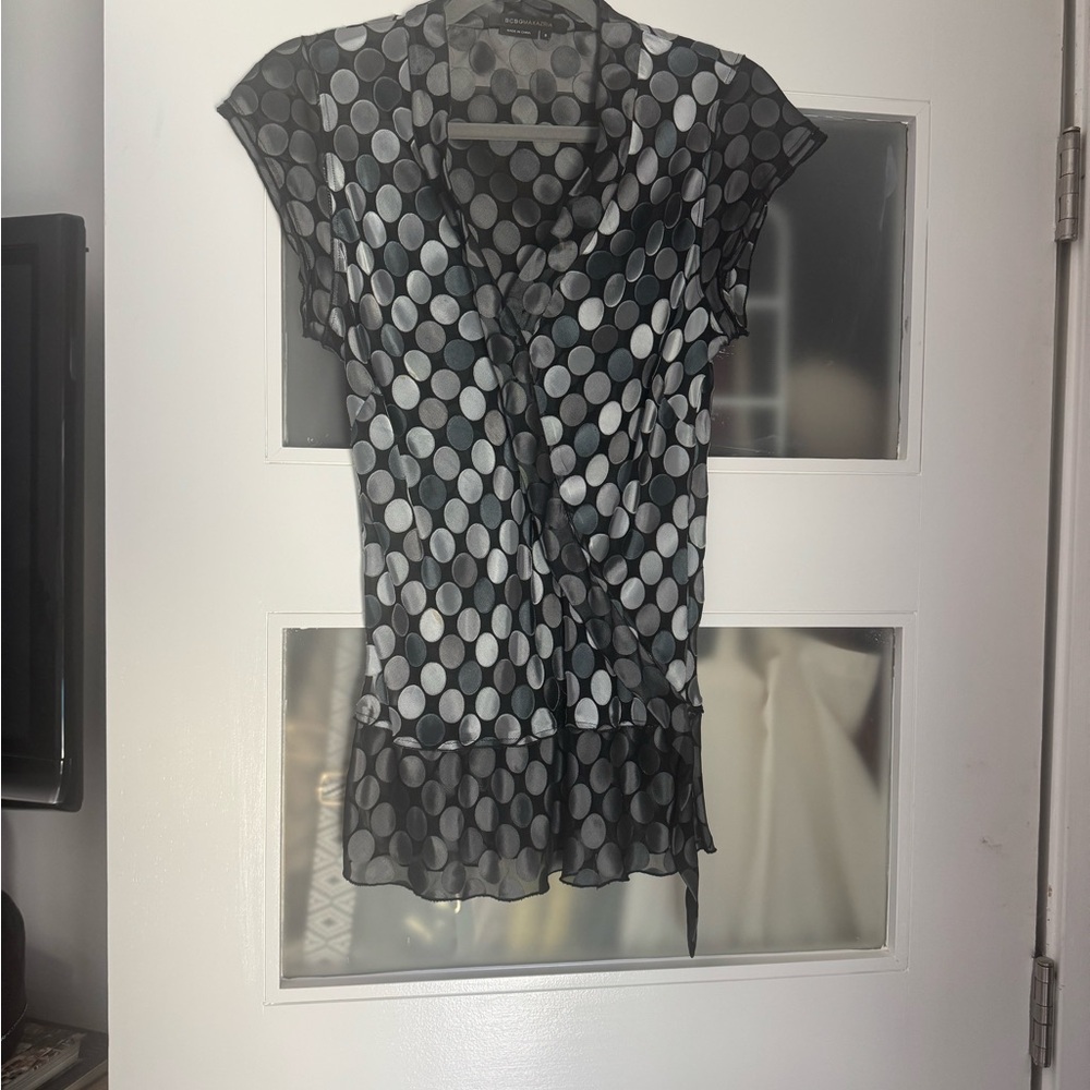 BCBGMaxAzria Black and Gray Ruffled Peplum Blouse